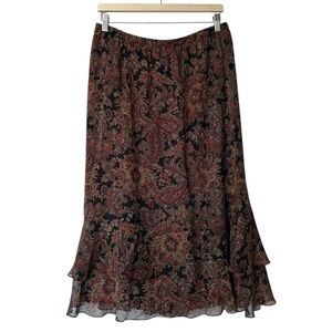 Coldwater Creek Y2K Silk Paisley Ruffle Midi Skirt Brown feminine Peasant PL
